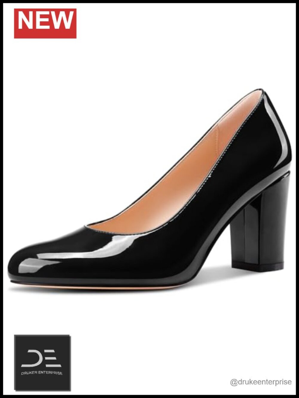 Women's Chunky Block Heel Pumps Slip-On Round Toe Patent Leather 3.2" Heels